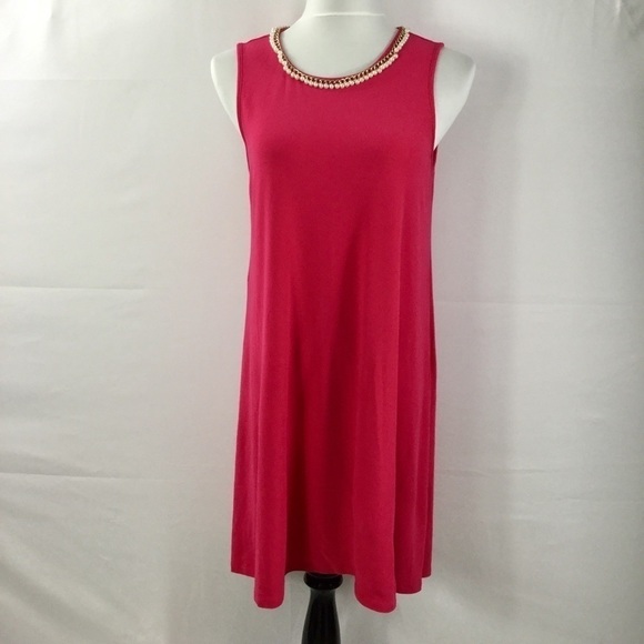 KARL Lagerfeld Pink Sleeveless Swing Trapeze Dress W/Faux Pearl & Chain Neckline - Picture 1 of 16